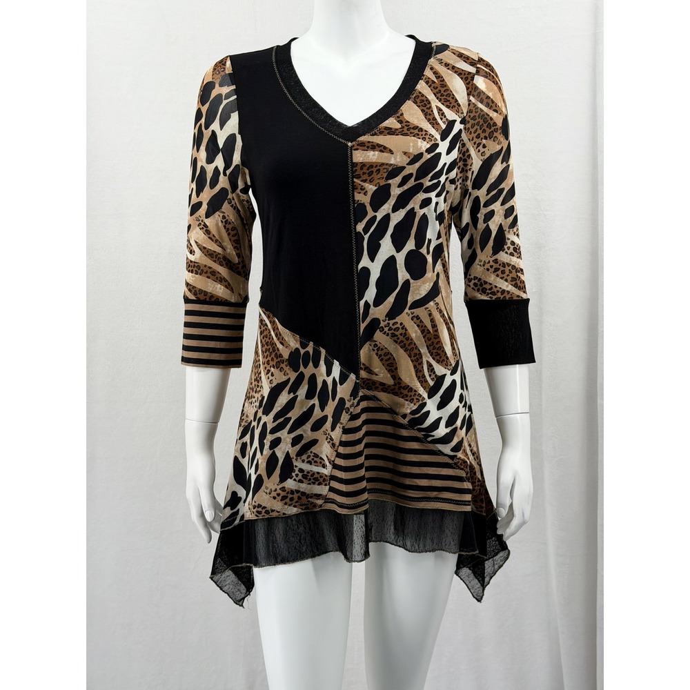 Lior Paris Top Womens Small Tan Black Animal Print Artsy Asymmetric Stretch Boho